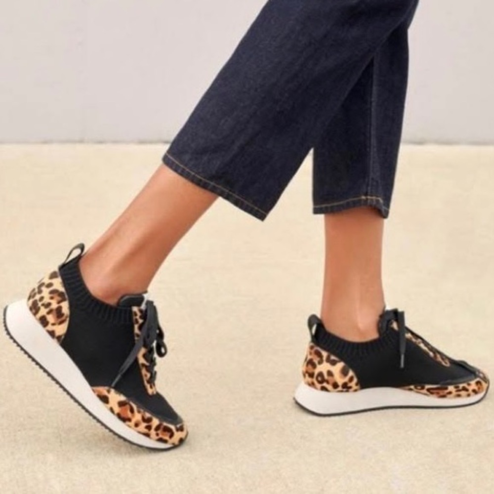 LOEFFLER RANDALL sz 9.5 Low Top Sneakers Brown Black Leopard Calfhair Leather